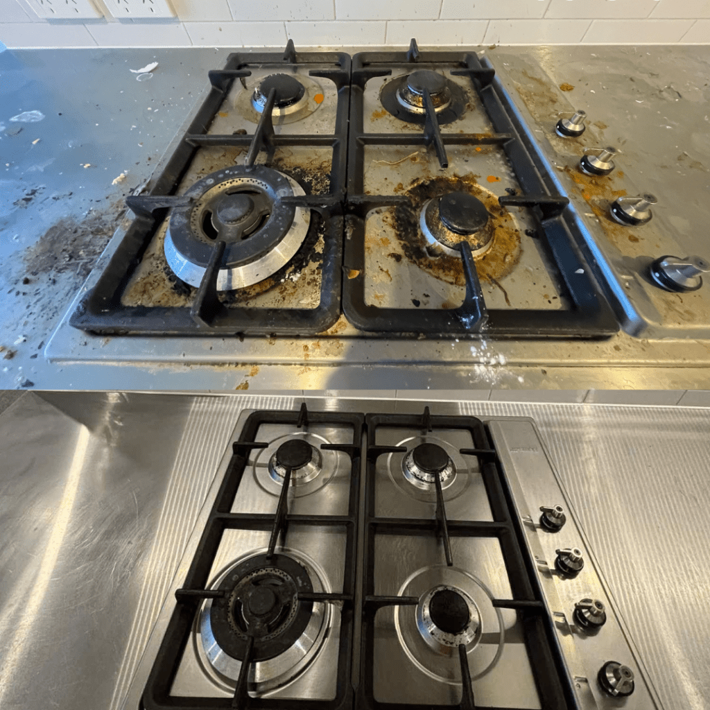Before and after comparison of a kitchen stovetop, showcasing significant dirt and grease removal, highlighting Deep Clean King's professional cleaning services for homes and offices in Melbourne.