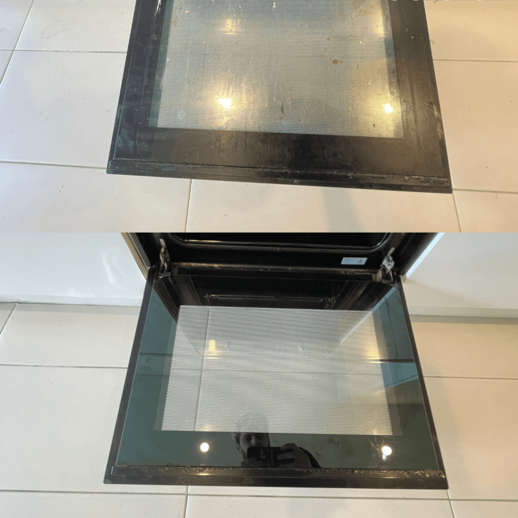Cleaned oven door with visible difference before and after cleaning, showcasing high standards of hospitality cleaning services.