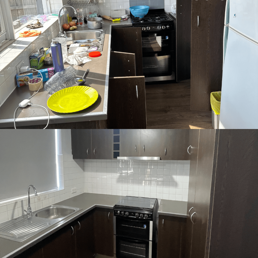 Before and after images of a kitchen cleaning service, showcasing a cluttered kitchen on the top and a spotless, organized kitchen on the bottom, highlighting the effectiveness of Deep Clean King's eco-friendly cleaning.