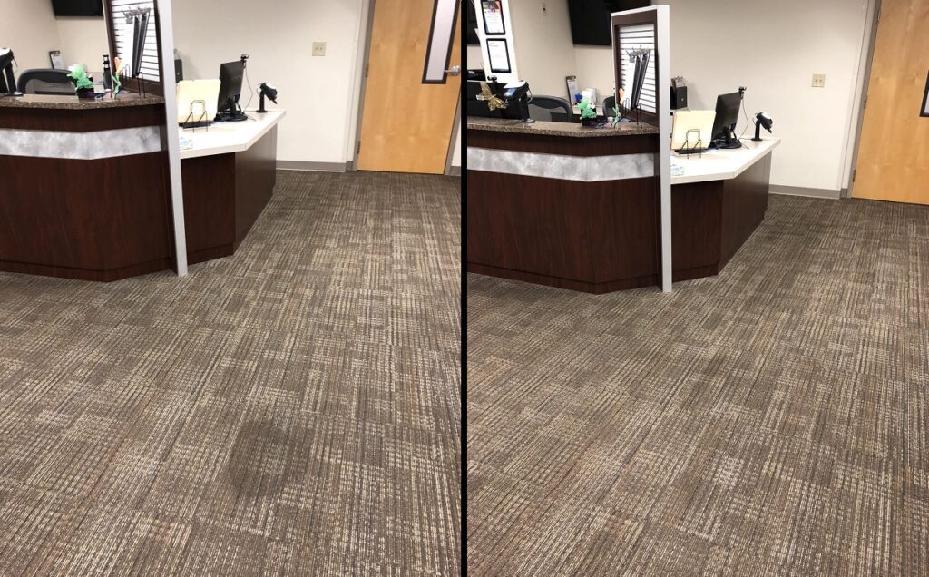 Office reception area before and after cleaning, showcasing spotless flooring and organized workspace, emphasizing cleanliness and professionalism in office environments.